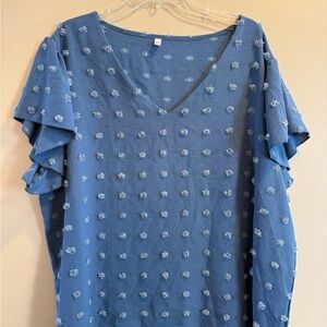 Blue Textured Blouse with Ruffle Sleeves